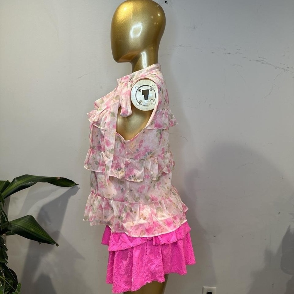 Romantic tiered layered floral top bay pink ruffle top tie neck LARGE - Picture 8 of 8